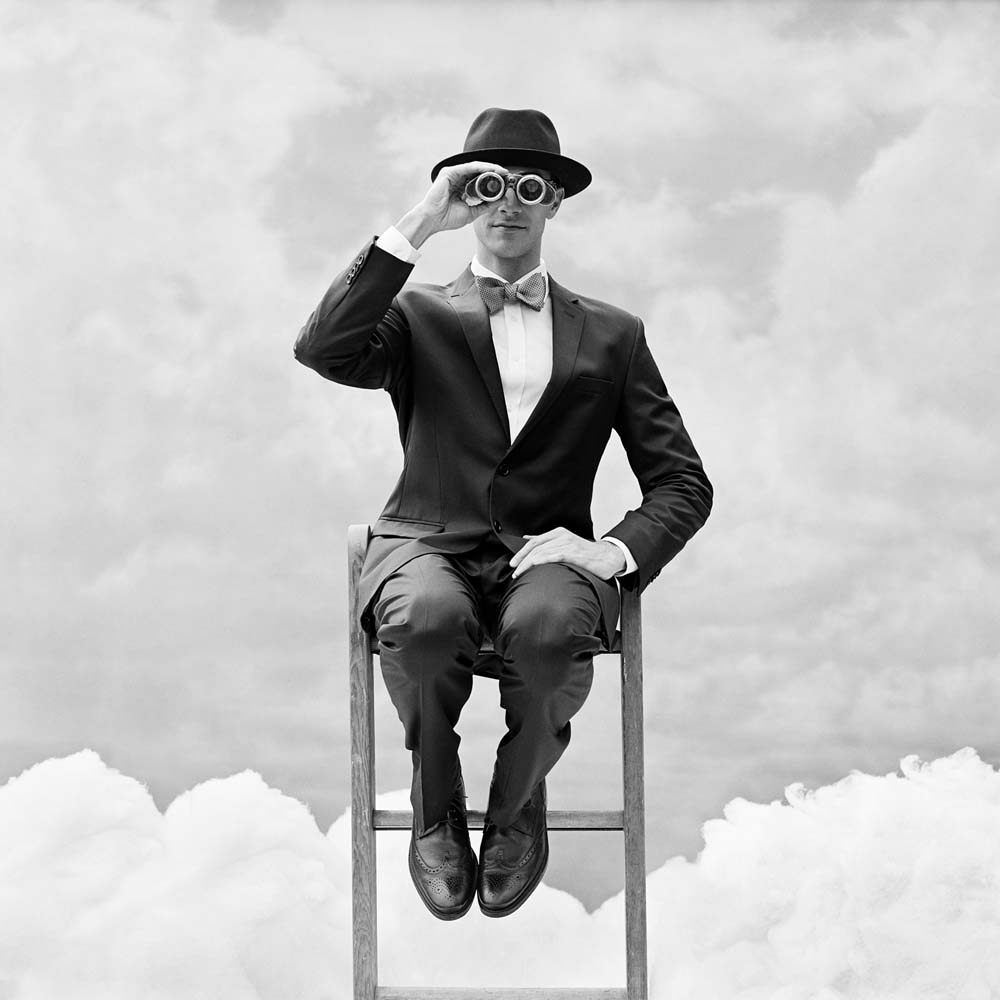 Reed Perched on the top of Ladder with Binoculars, Snedens Landing, New York, 2012© Rodney Smith